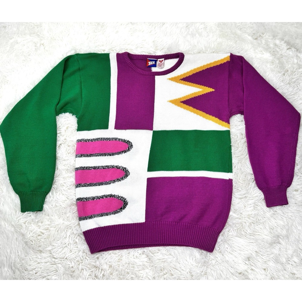 Vintage 80s Intarsia Knit Sweater Womens M Retro Quirky Maximalist Dopamine Boxy - Picture 6 of 8